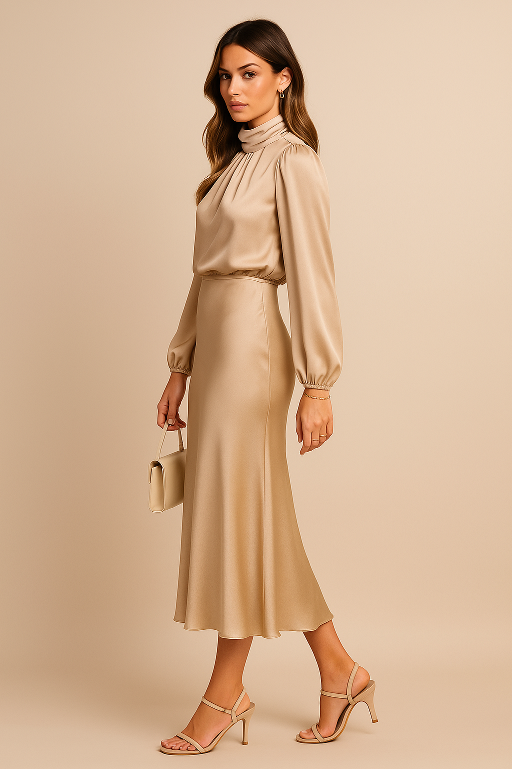Léa – Robe midi à col montant et taille haute femme
