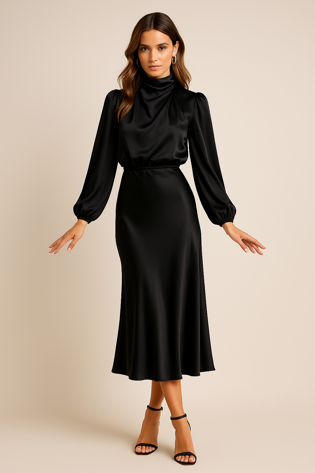 Léa – Robe midi à col montant et taille haute femme