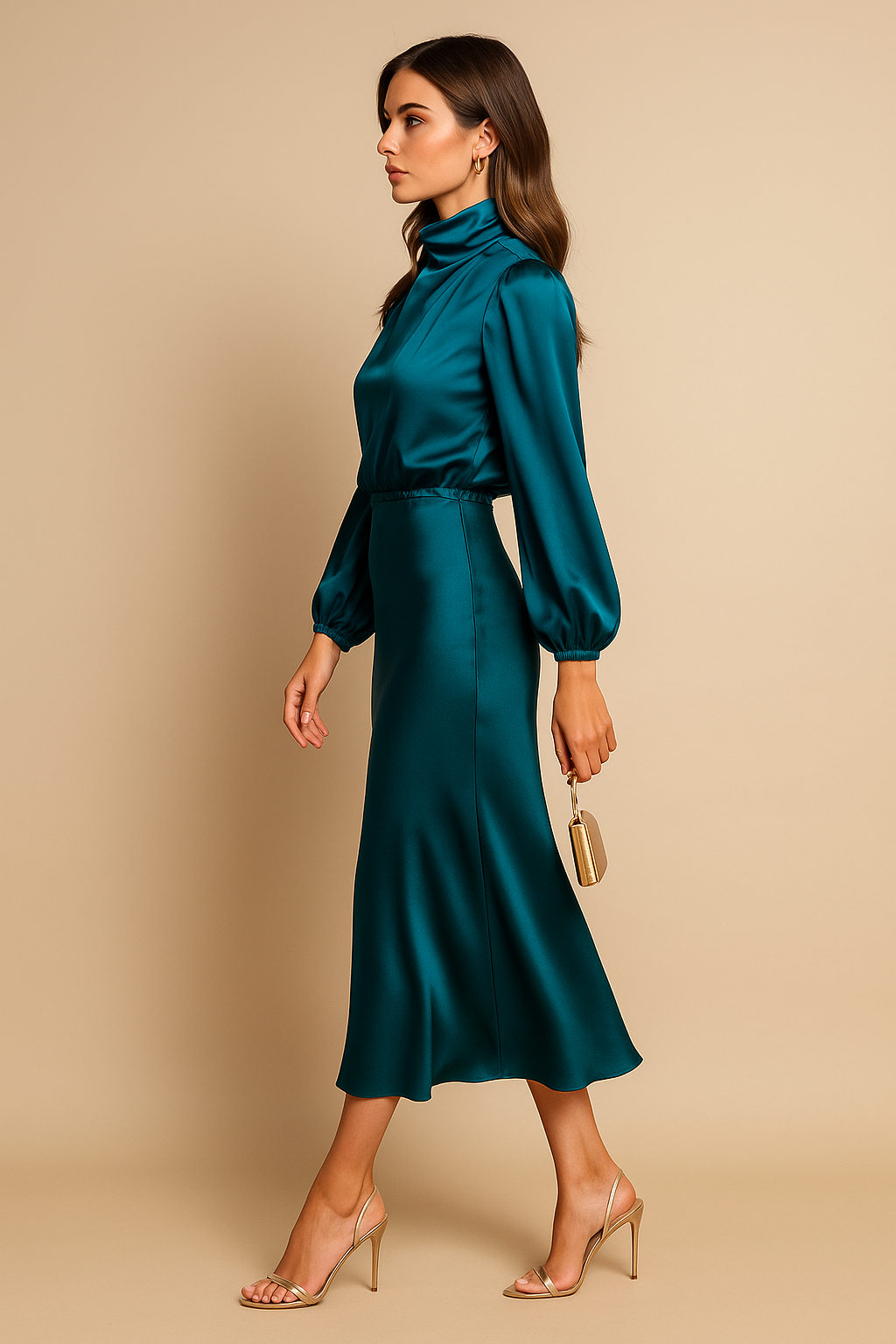 Léa – Robe midi à col montant et taille haute femme