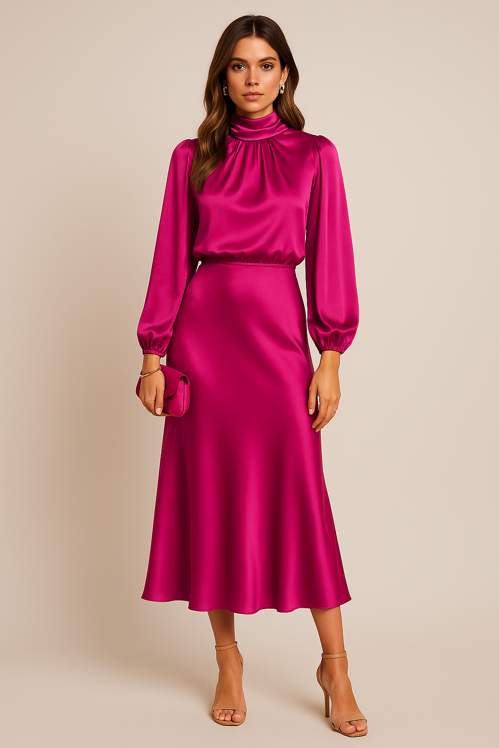 Léa – Robe midi à col montant et taille haute femme
