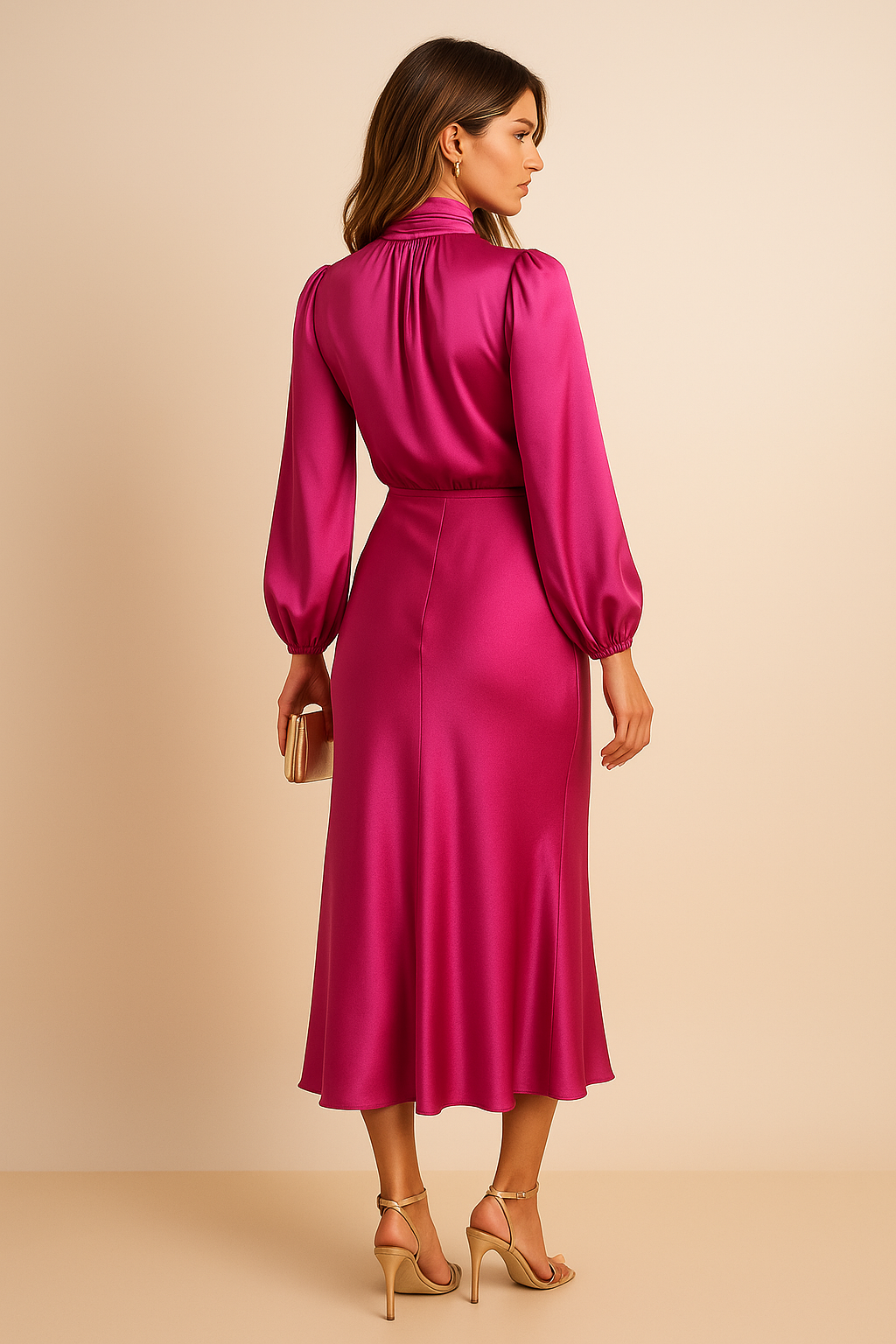 Léa – Robe midi à col montant et taille haute femme