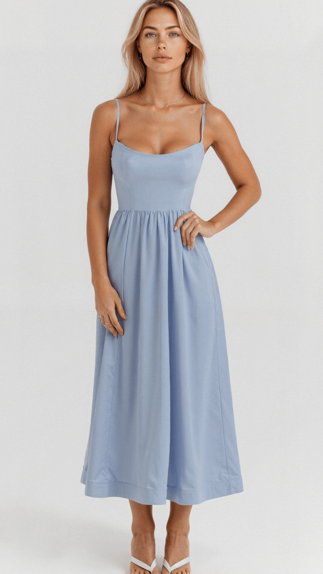 Léonie – Robe midi à bretelles fines et corsage ajusté femme