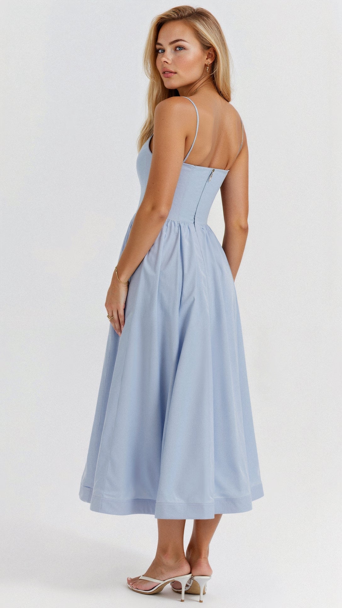 Léonie – Robe midi à bretelles fines et corsage ajusté femme