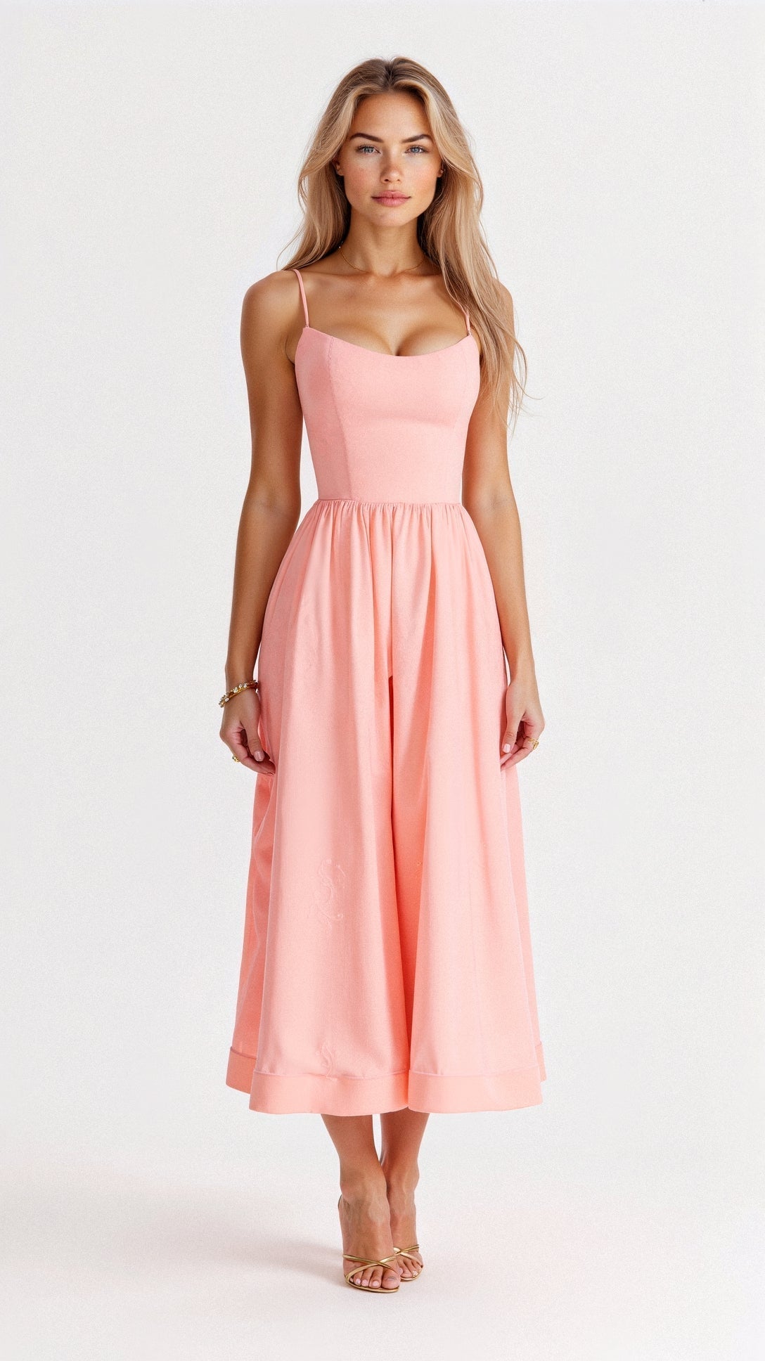 Léonie – Robe midi à bretelles fines et corsage ajusté femme
