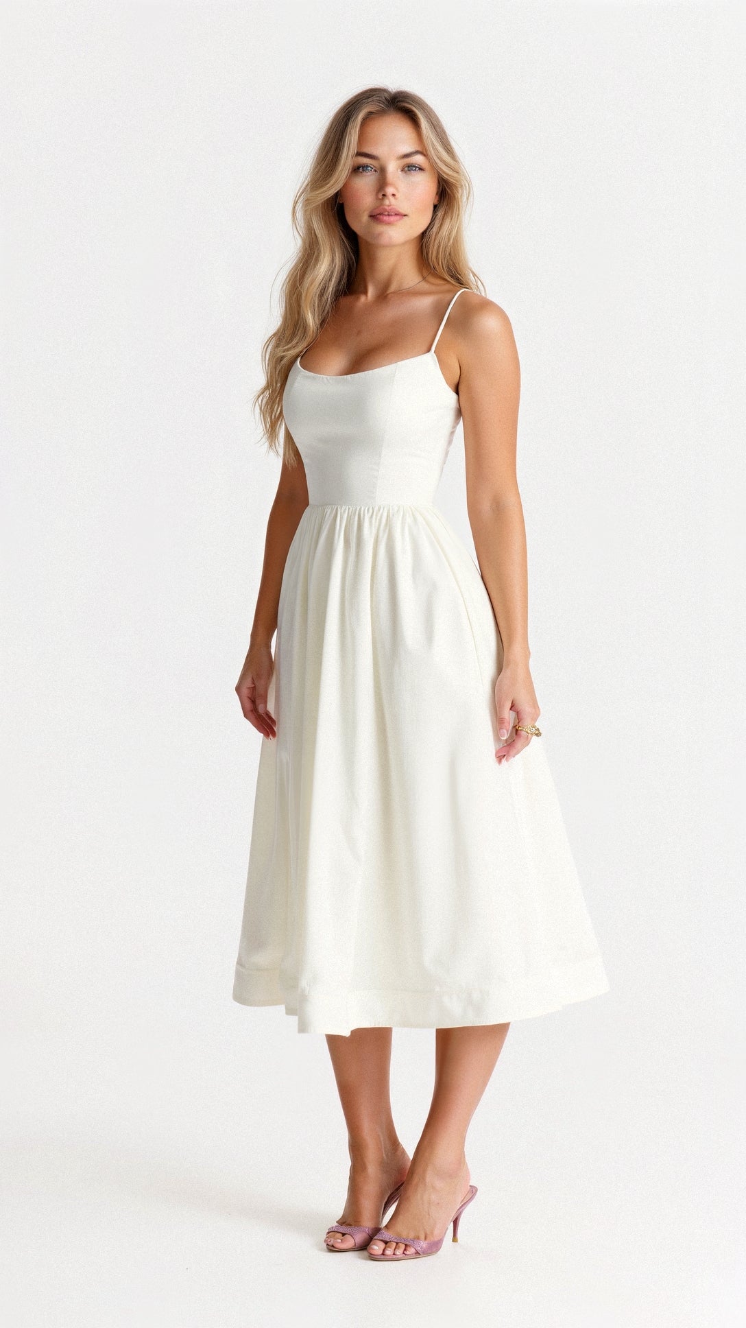 Léonie – Robe midi à bretelles fines et corsage ajusté femme