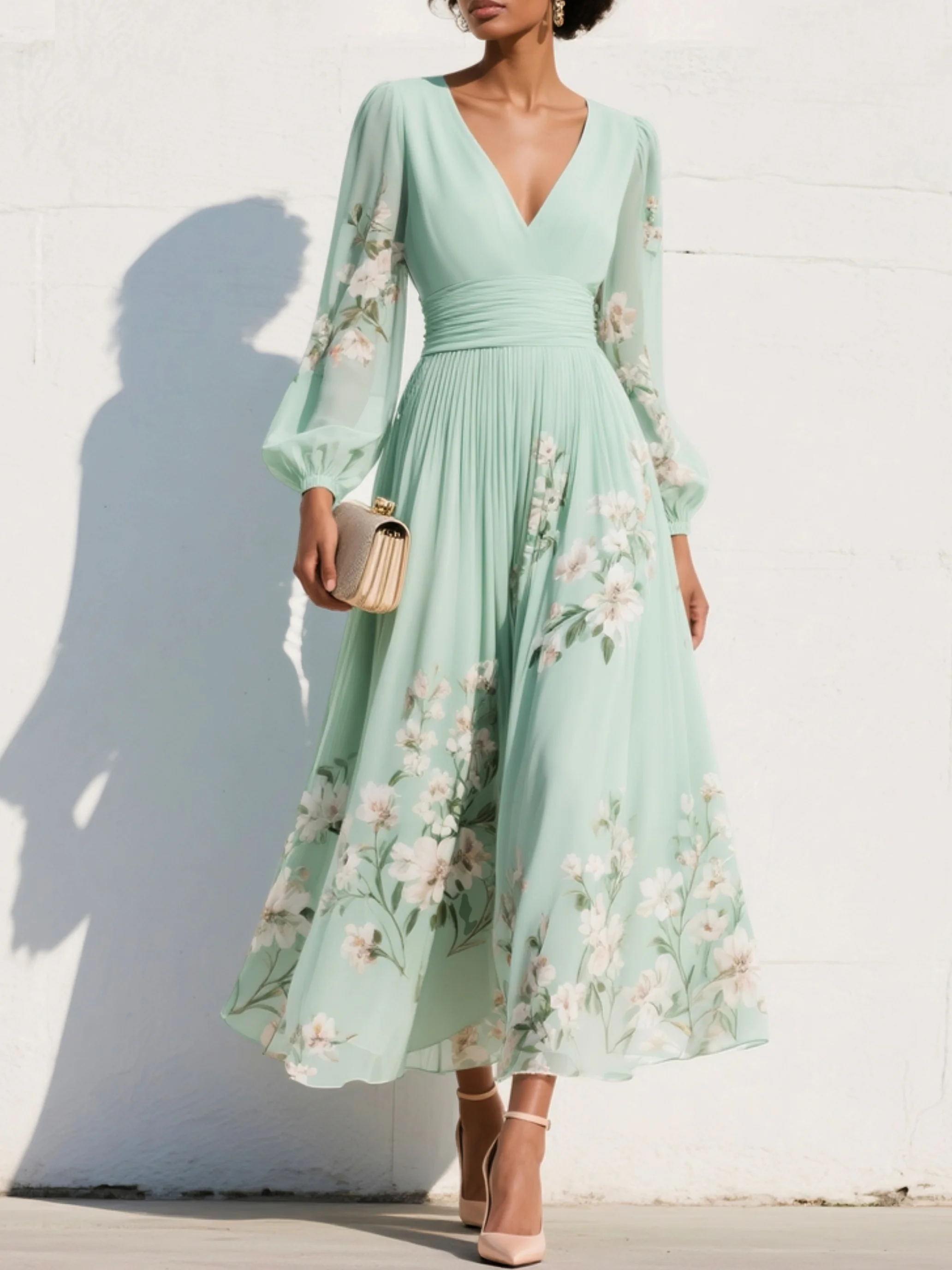 Capucine – Robe midi d'été en mousseline fleurie à col en V femme