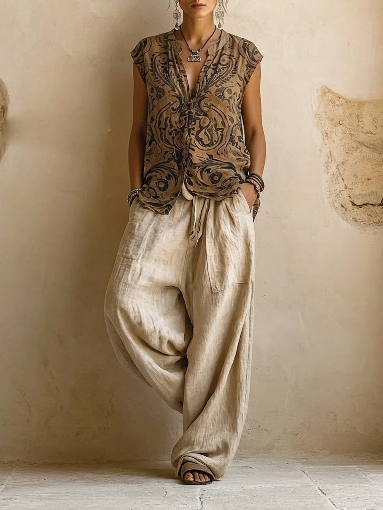 Ensemble femme 3 pièces en lin et coton avec top imprimé, pantalon large et cardigan