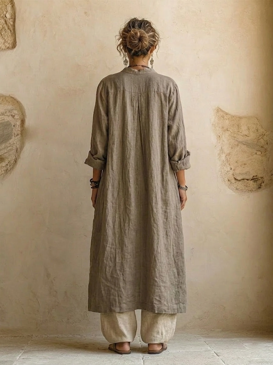 Ensemble femme 3 pièces en lin et coton avec top imprimé, pantalon large et cardigan