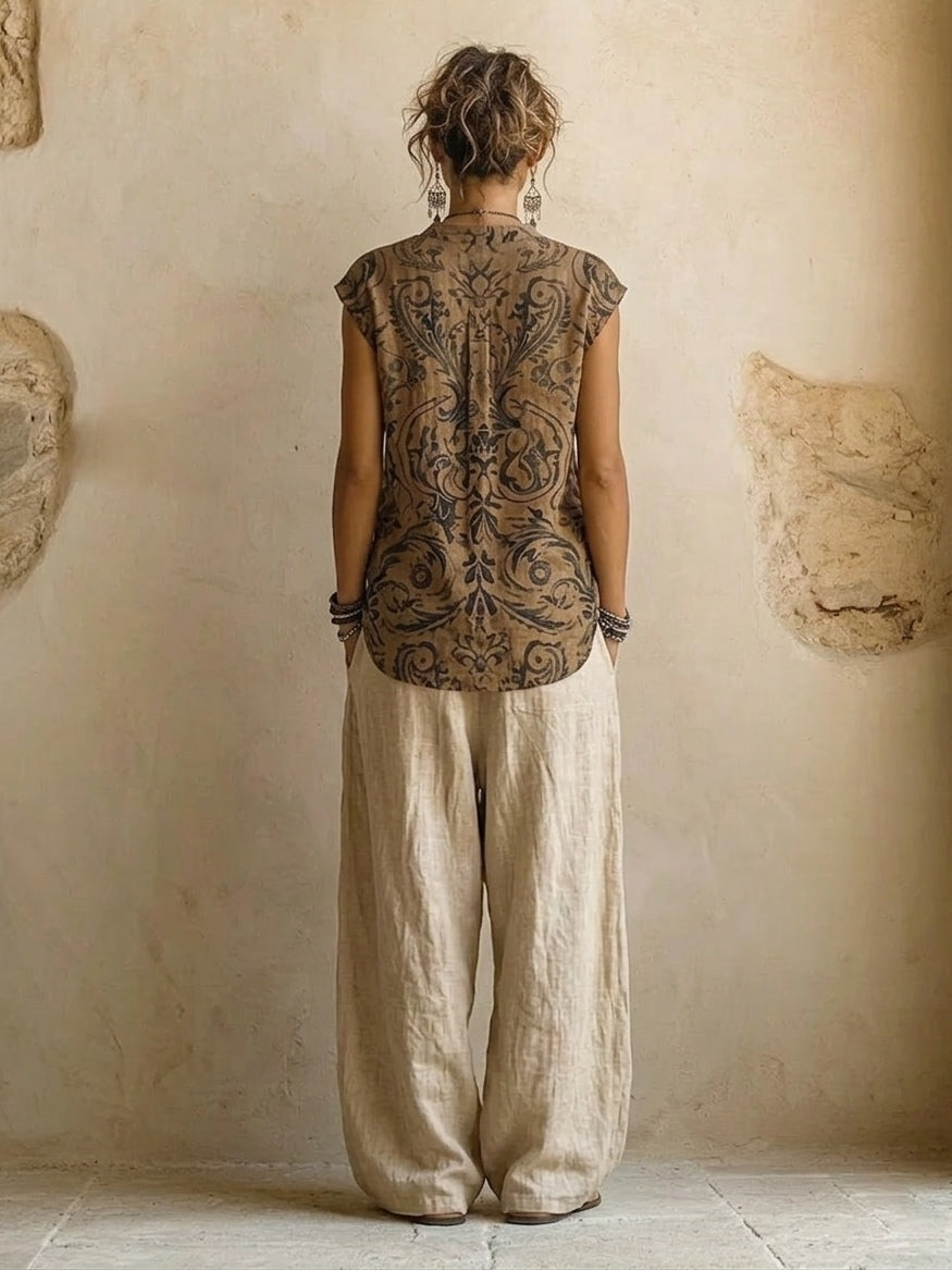 Ensemble femme 3 pièces en lin et coton avec top imprimé, pantalon large et cardigan