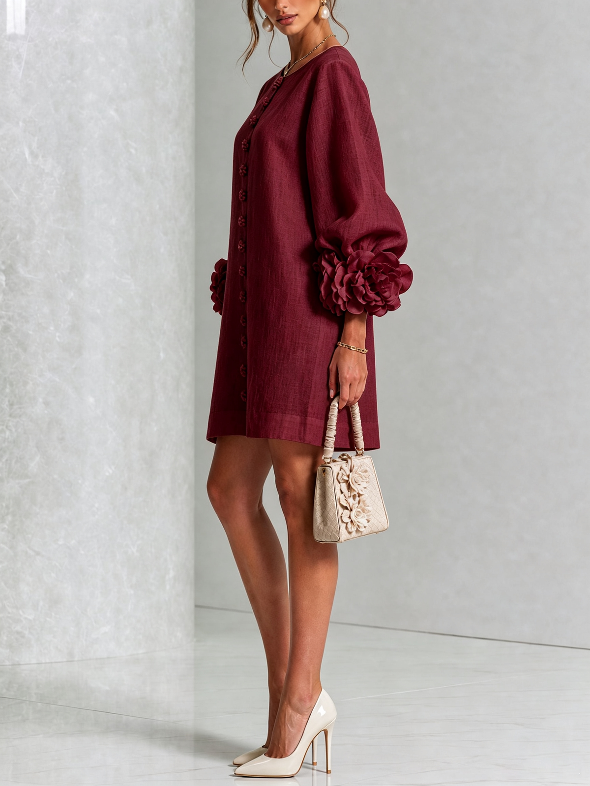 Robe élégante trapèze courte boutonnée à manches bouffantes