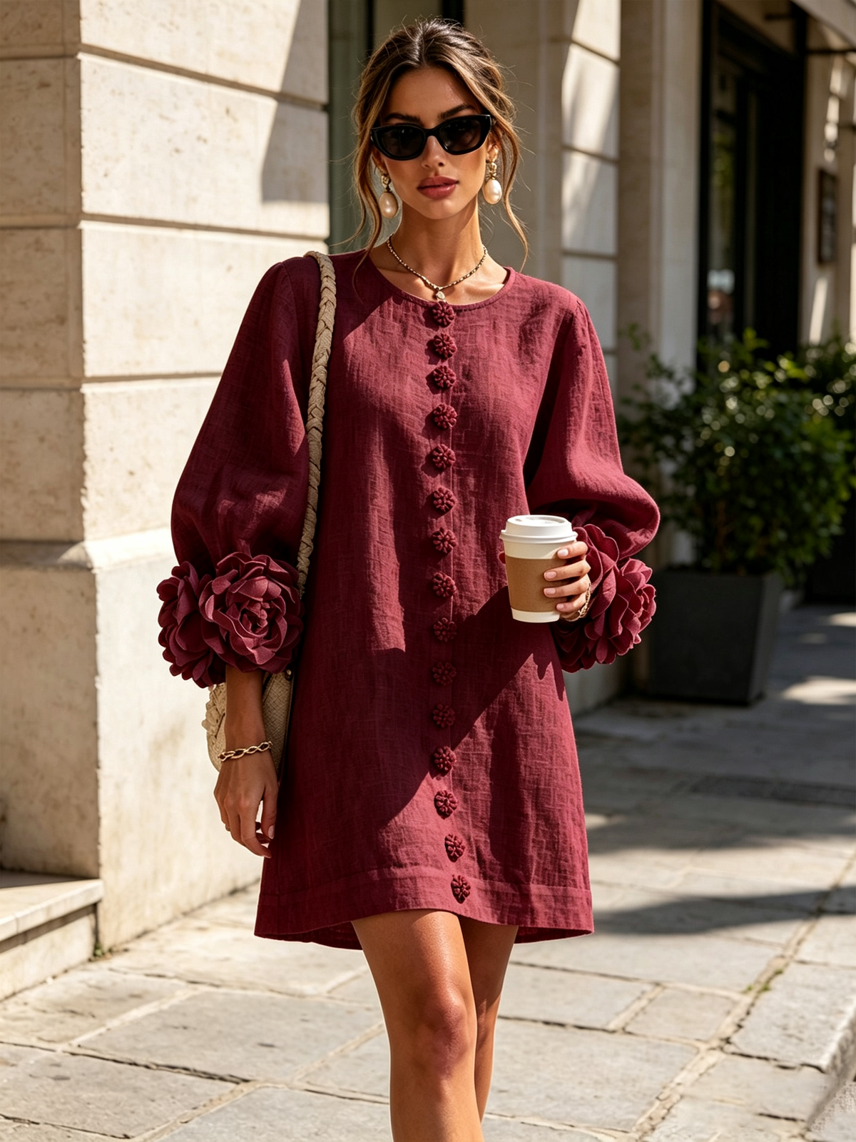 Robe élégante trapèze courte boutonnée à manches bouffantes