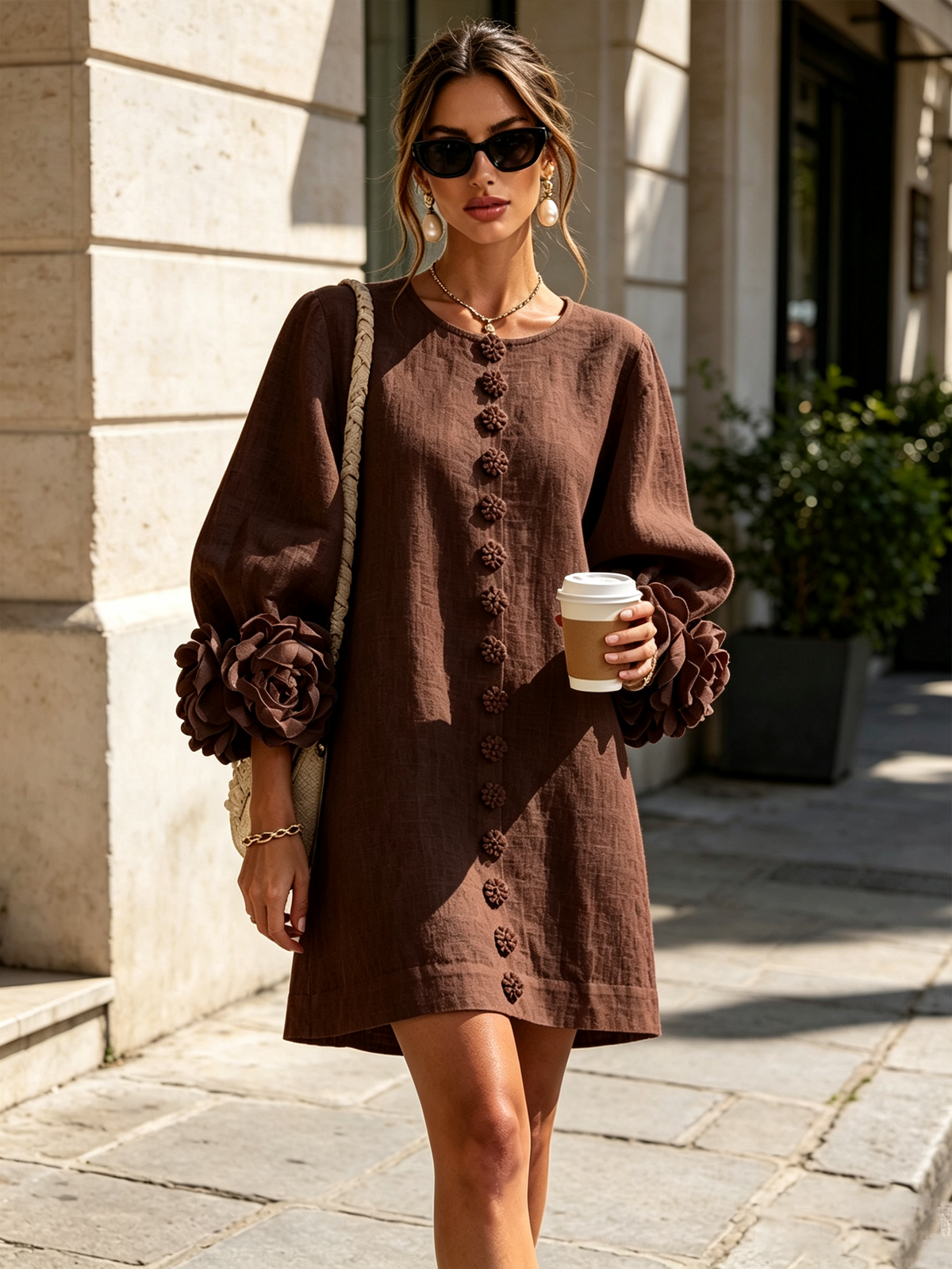 Robe élégante trapèze courte boutonnée à manches bouffantes