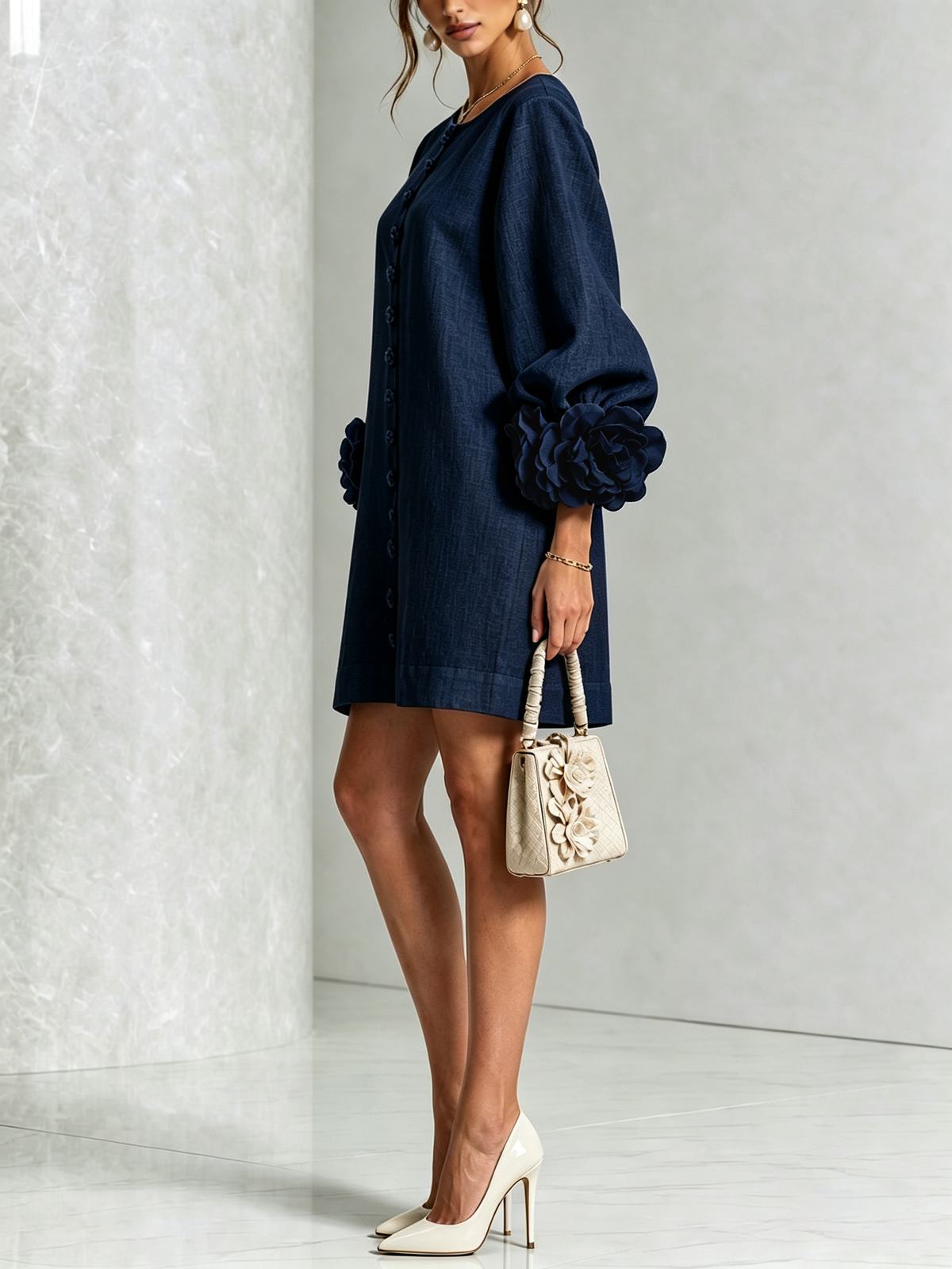 Robe élégante trapèze courte boutonnée à manches bouffantes