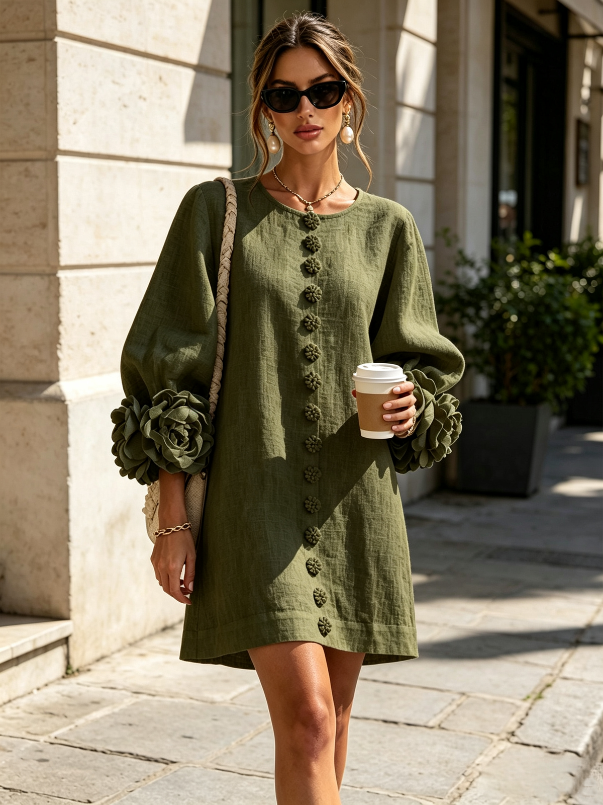 Robe élégante trapèze courte boutonnée à manches bouffantes