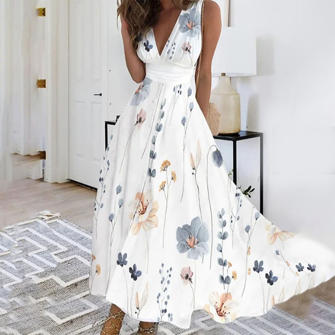 Léa – Robe maxi d’été fluide à col en V profond imprimé floral femme