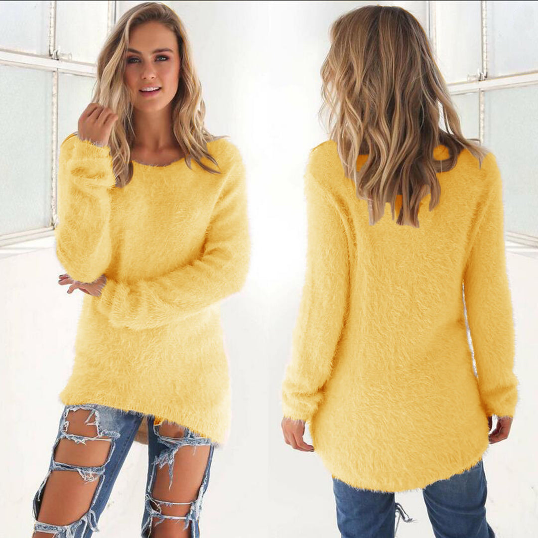 Pull pour femme automne léger duveteux en maille synthétique avec col rond Isaline