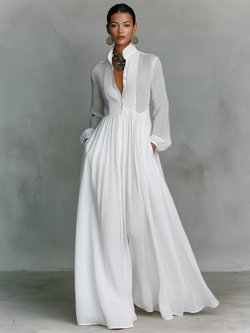 Justine – Robe chemise maxi en lin à col montant et manches longues femme