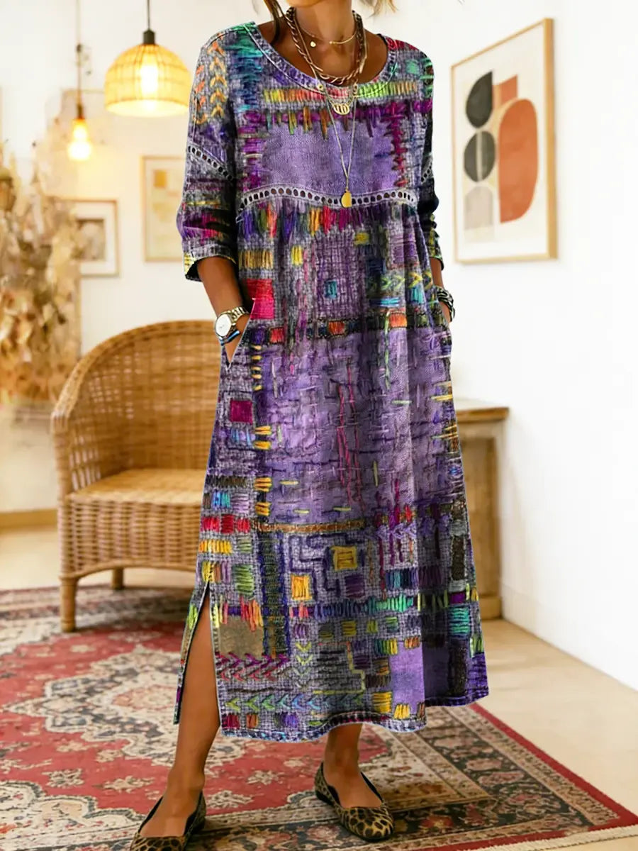 Robe bohème en denim fluide à patchwork ethnique et dentelle