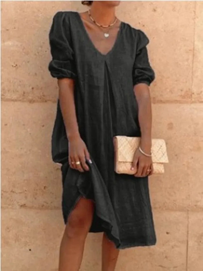 Robe d'été droite pour femme en lin avec col en V et fraîcheur élégante