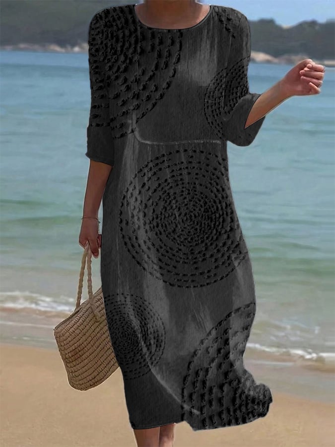 Robe midi en coton et lin à motif texturé et manches 3/4
