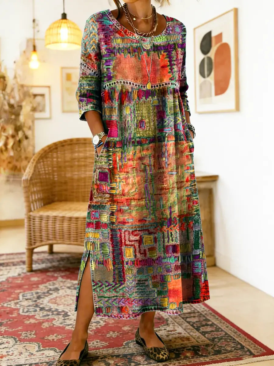 Robe bohème en denim fluide à patchwork ethnique et dentelle
