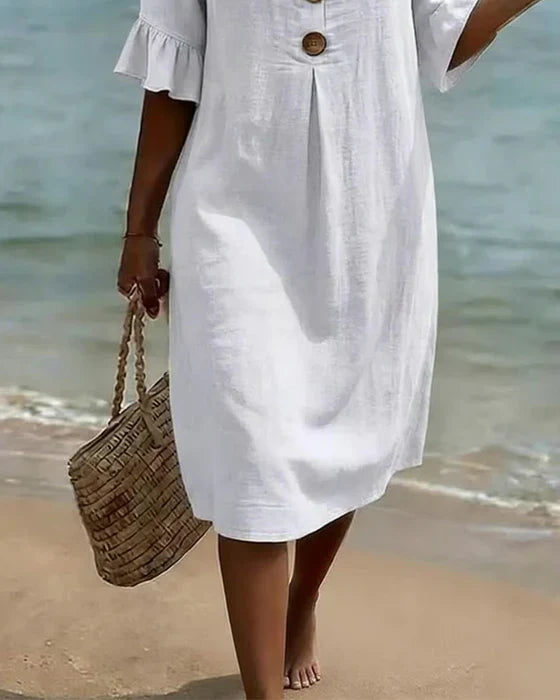 Robe d'été boutonnée en coton et lin à manches volantées