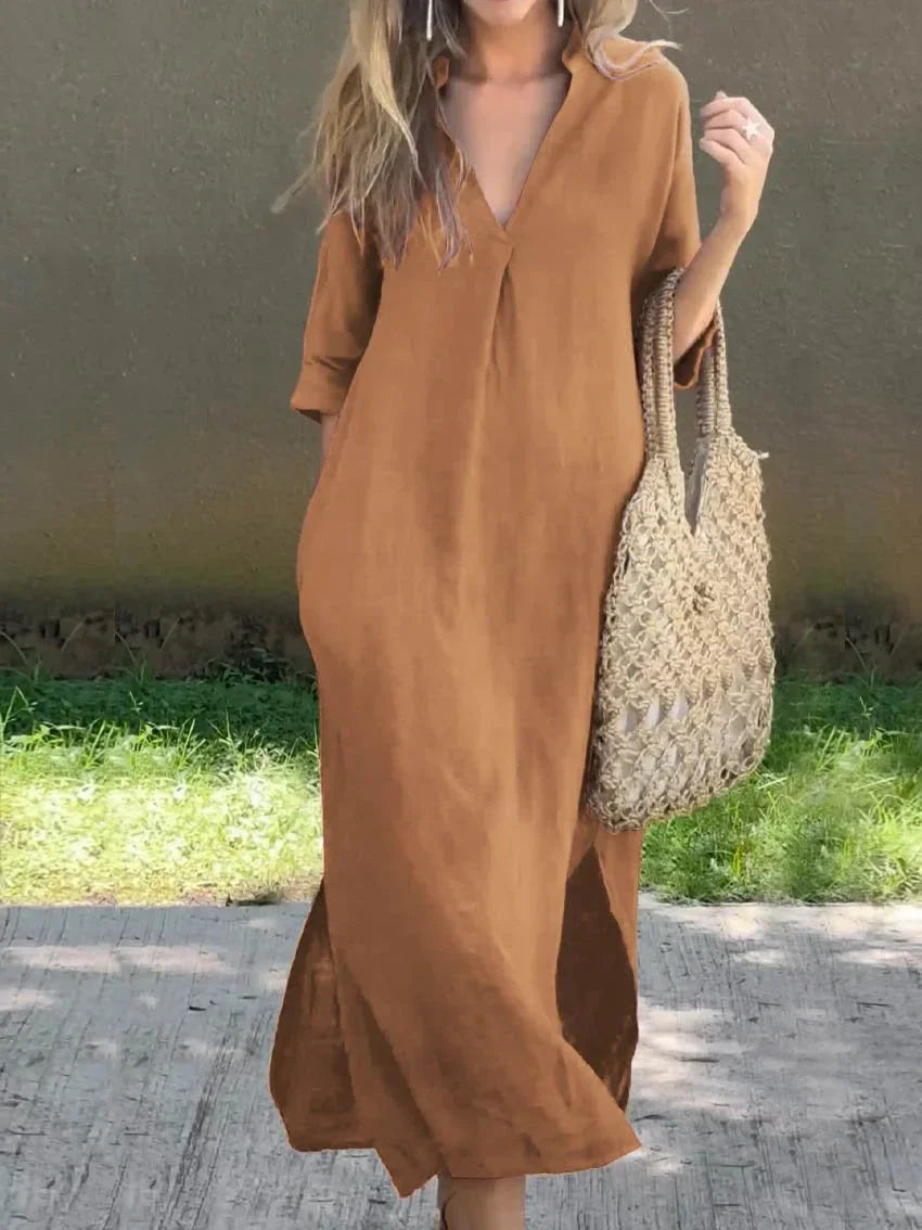 Robe d’été en lin pour femme à col V et poches