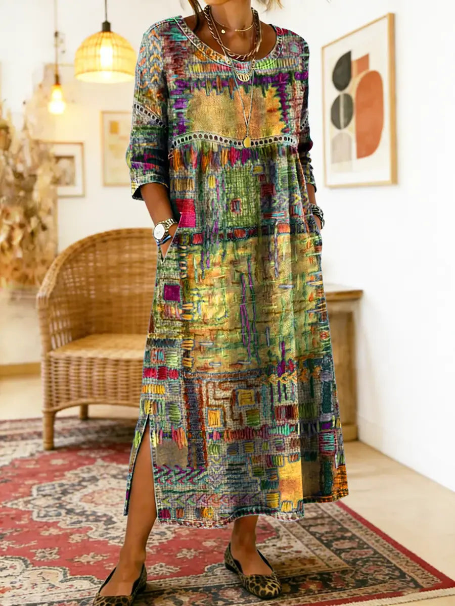 Robe bohème en denim fluide à patchwork ethnique et dentelle