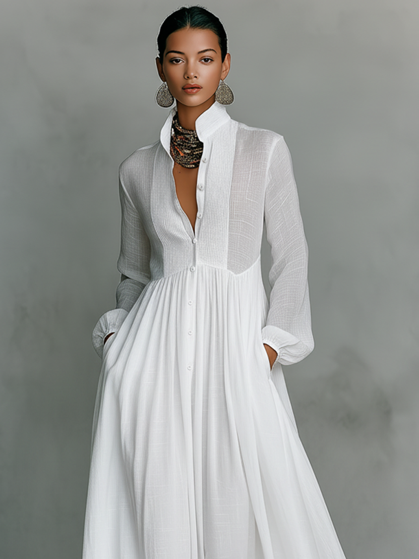 Justine – Robe chemise maxi en lin à col montant et manches longues femme