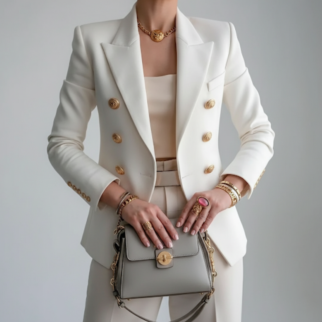 Blazer femme cintré à double boutonnage doré et col à revers 1