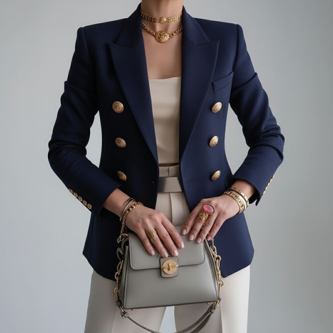 Blazer femme cintré à double boutonnage doré et col à revers 2