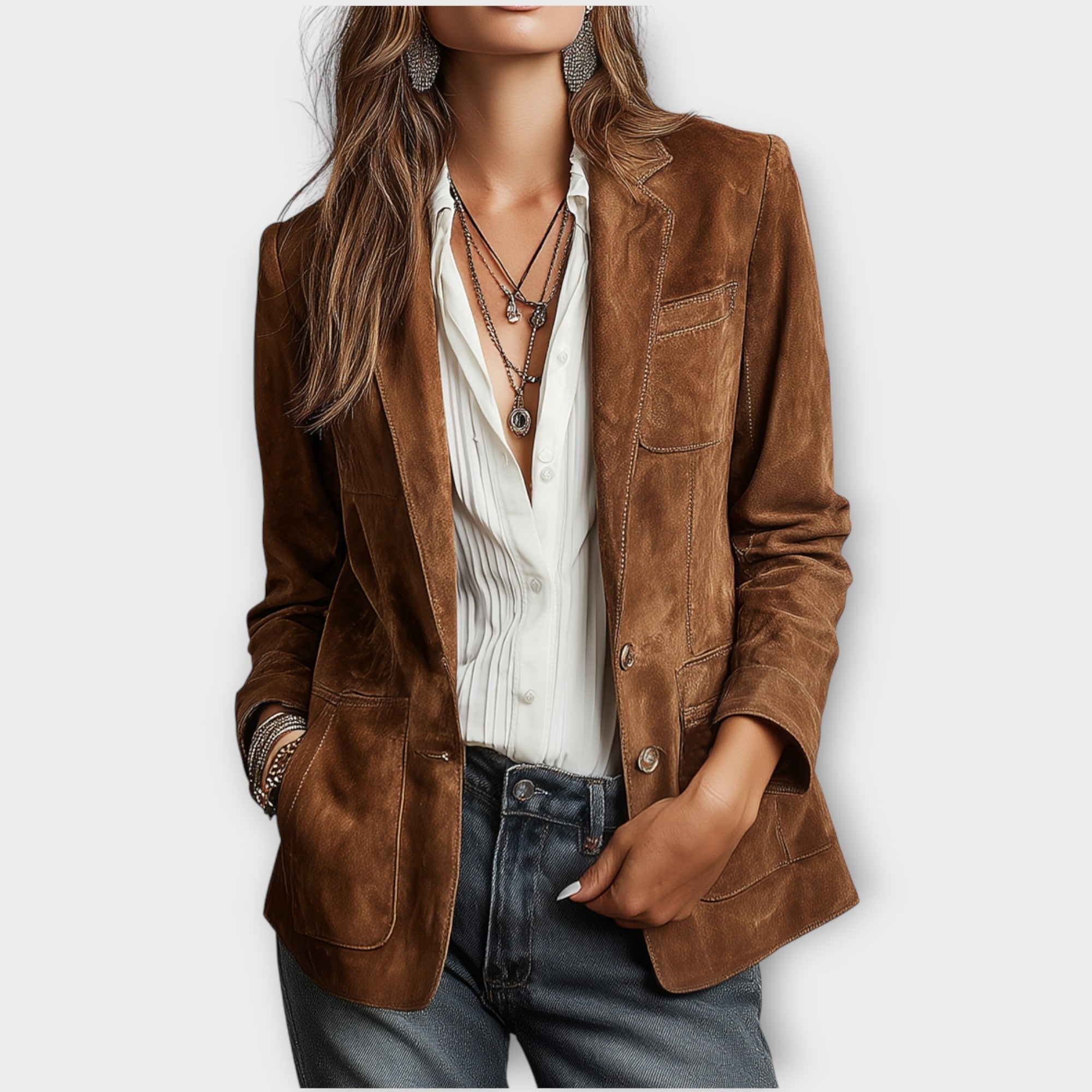 Blazer femme cintré en daim à boutonnage et poches devant 1