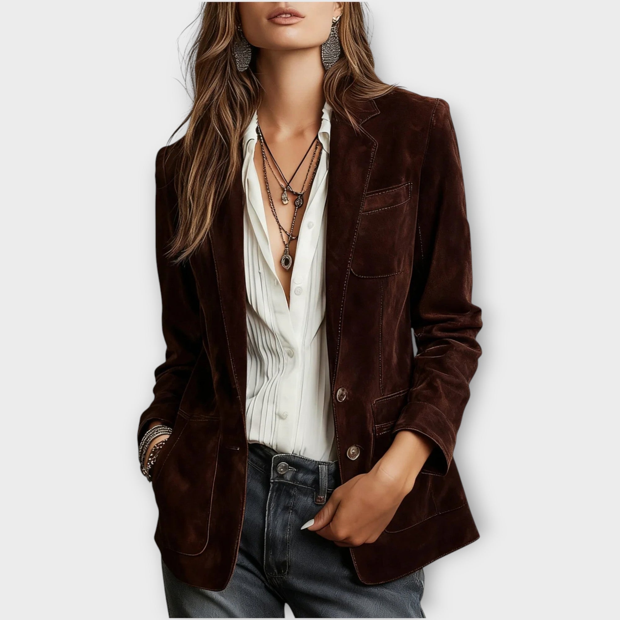 Blazer femme cintré en daim à boutonnage et poches devant 2