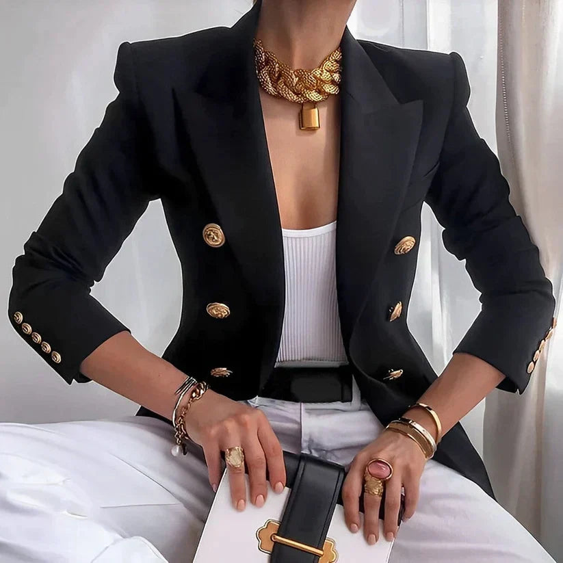 Blazer femme doublé à simple boutonnage, épaules structurées et col à revers 1