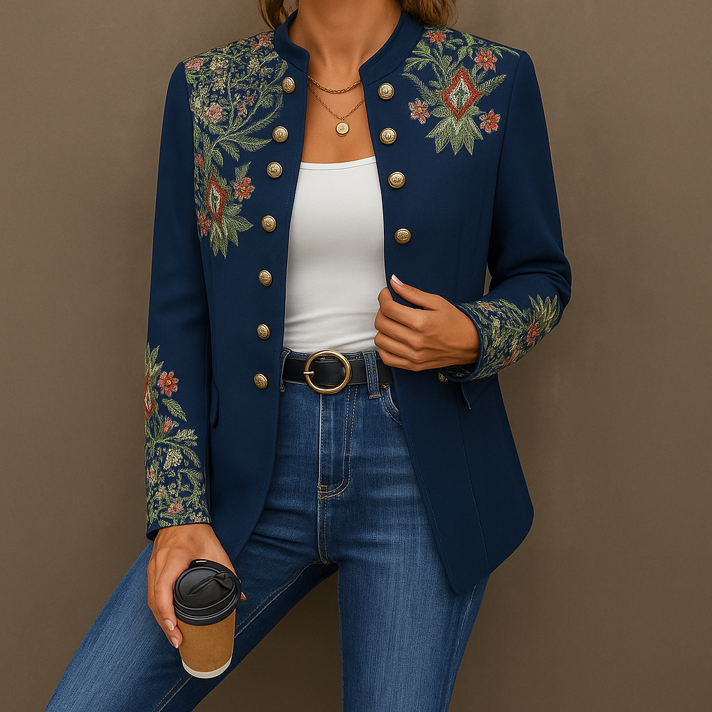 Blazer femme en tweed à double boutonnage, col à revers et poches 1