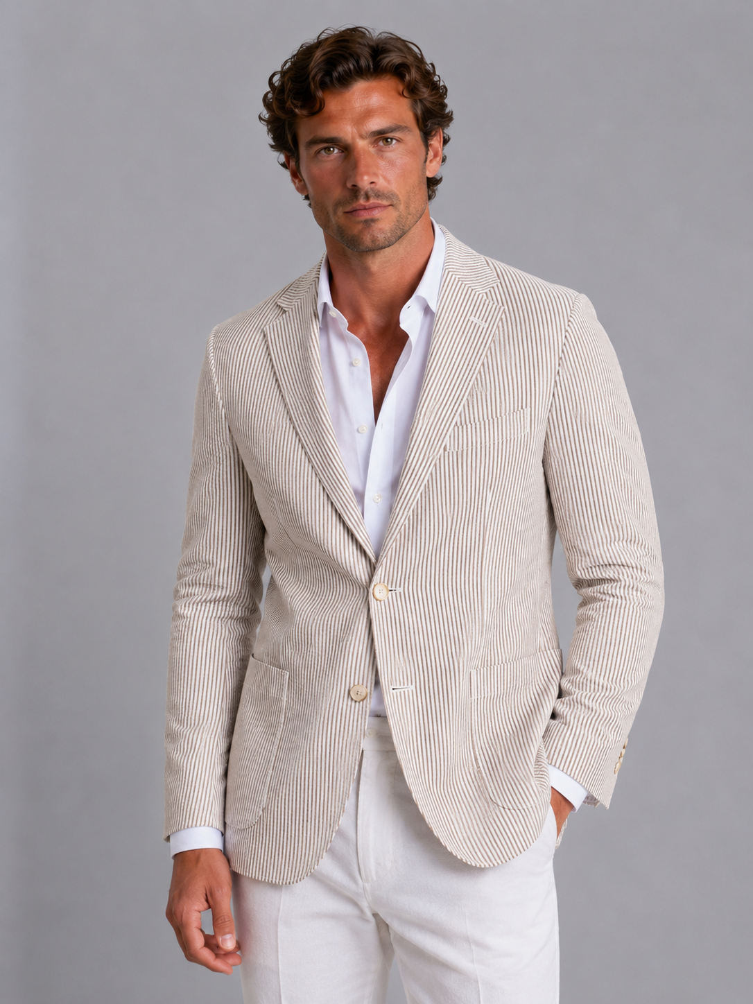 Blazer homme rayé en seersucker léger à col cranté et coupe cintrée 2