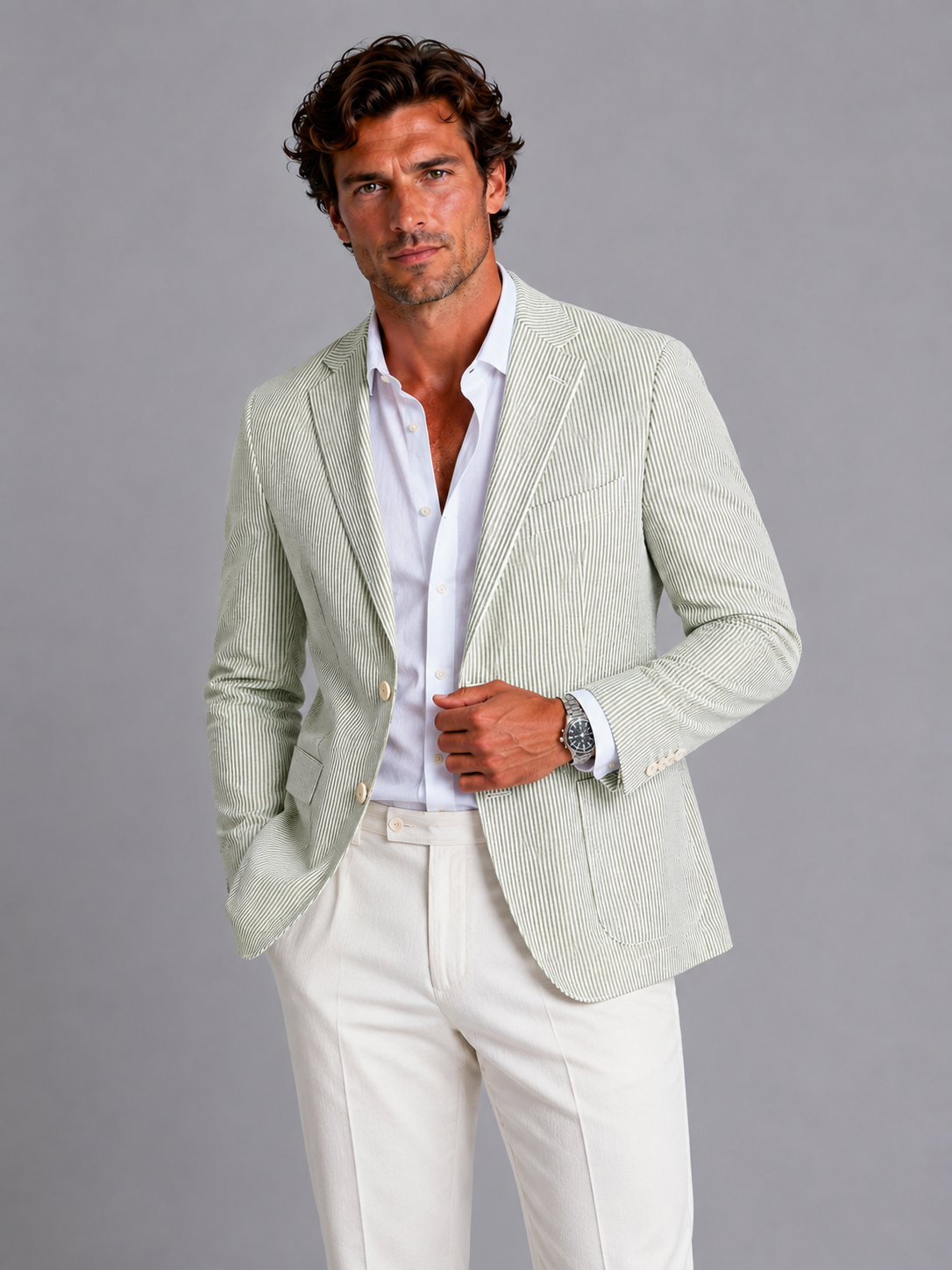 Blazer homme rayé en seersucker léger à col cranté et coupe cintrée 3