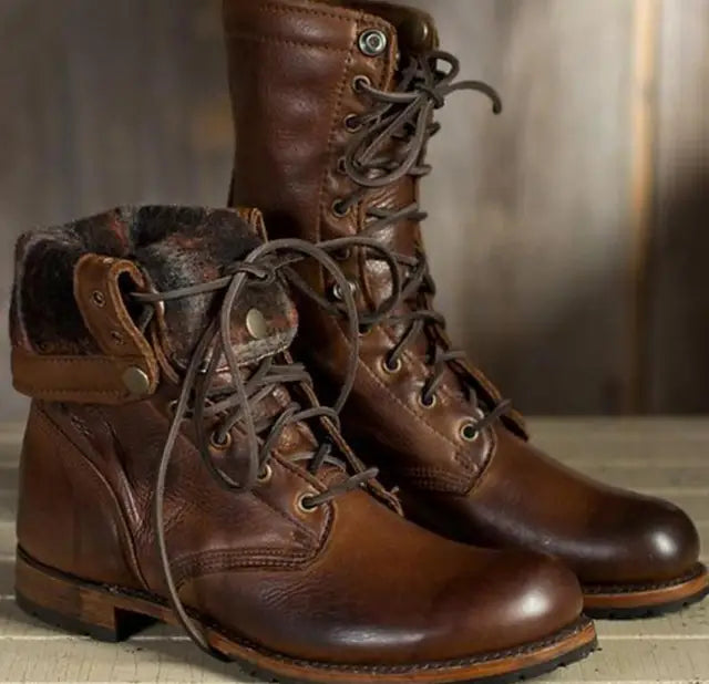 Bottes femme en cuir à lacets à revers mi-mollet 1