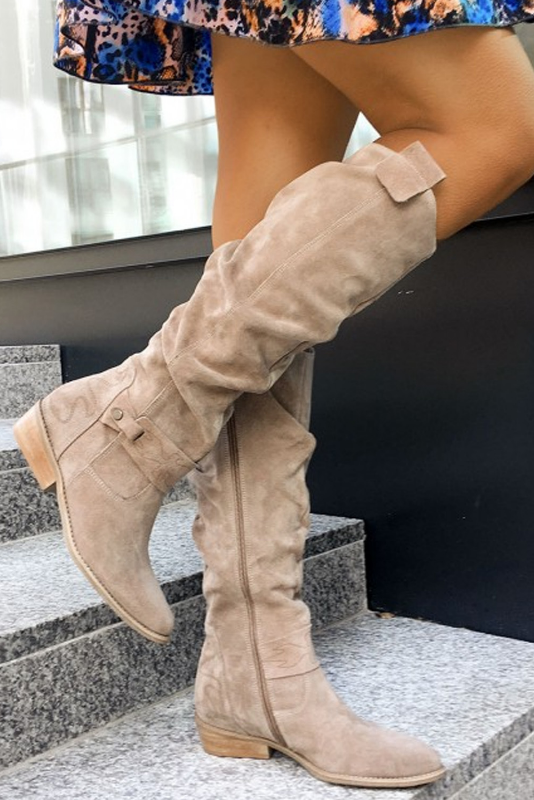 Bottes hautes femme à tige froncée, talon bloc bas et zip latéral 1