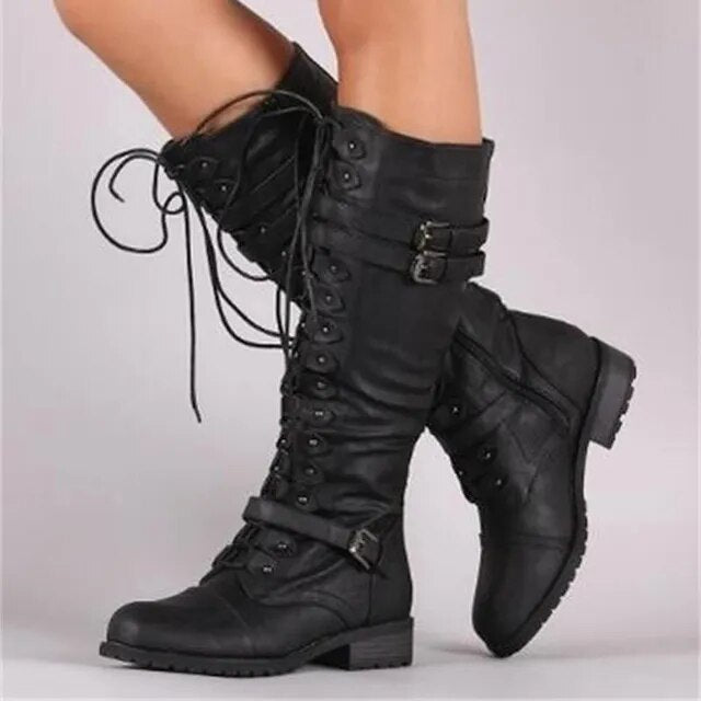 Bottes hautes femme en cuir à lacets à boucles 1