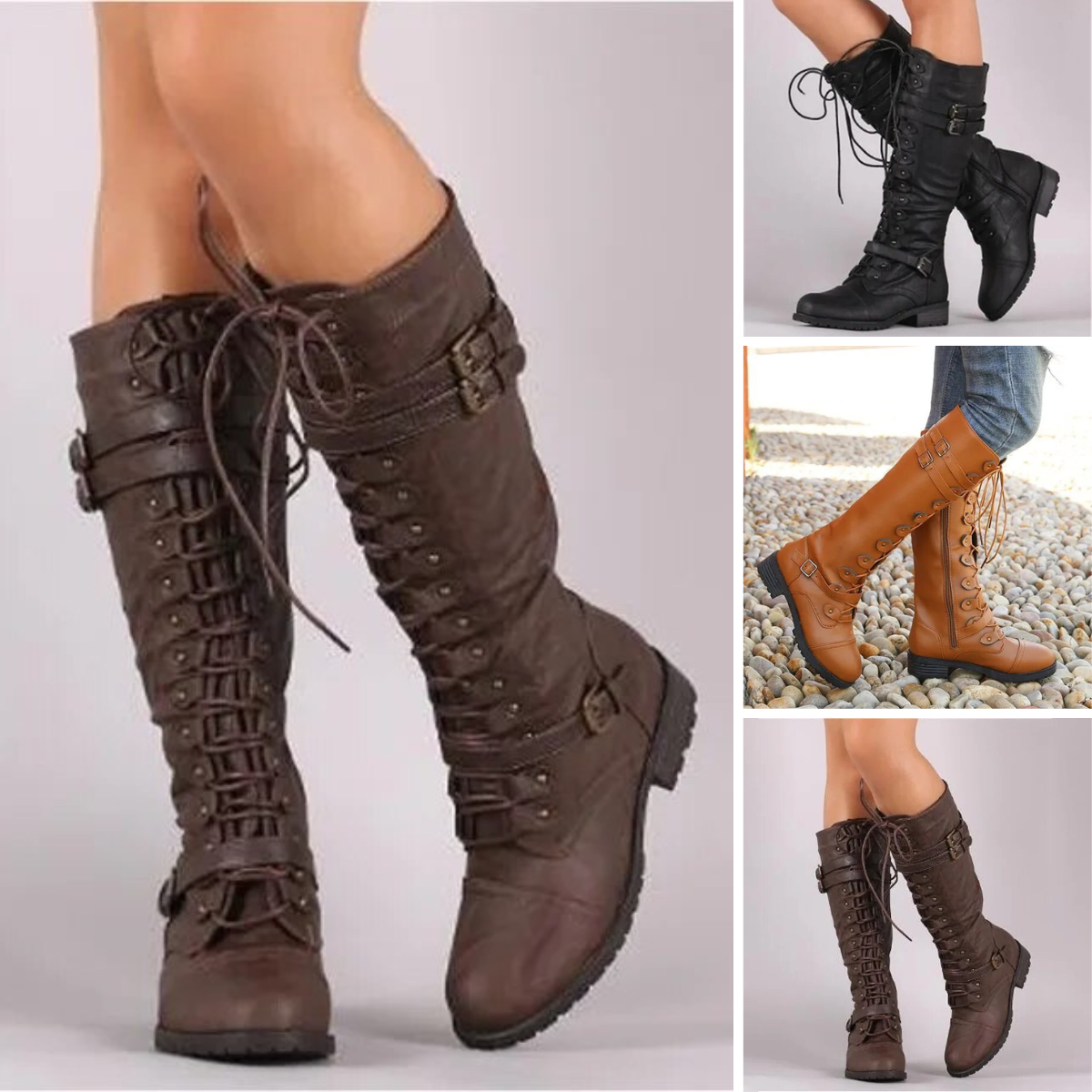 Bottes hautes femme en cuir à lacets à boucles 4