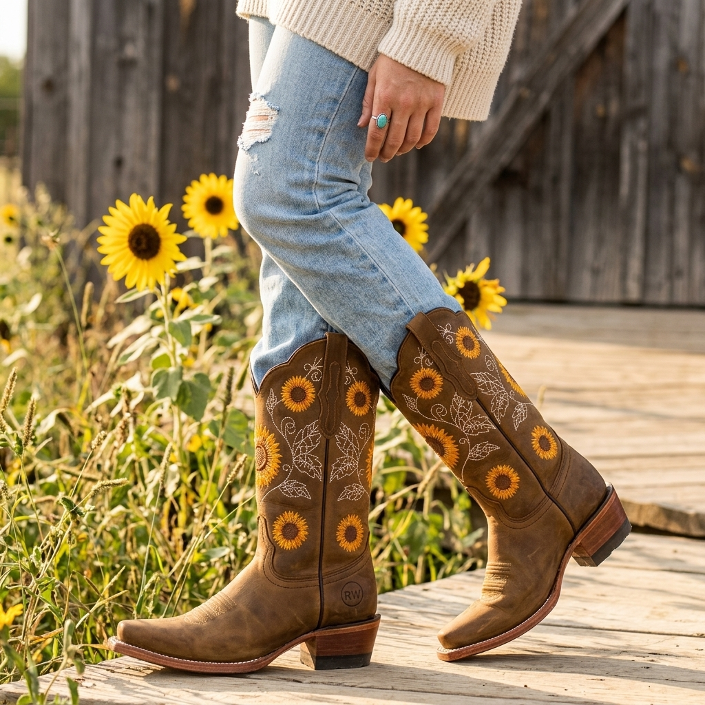 Bottes santiags à broderie tournesol et bout carré 6