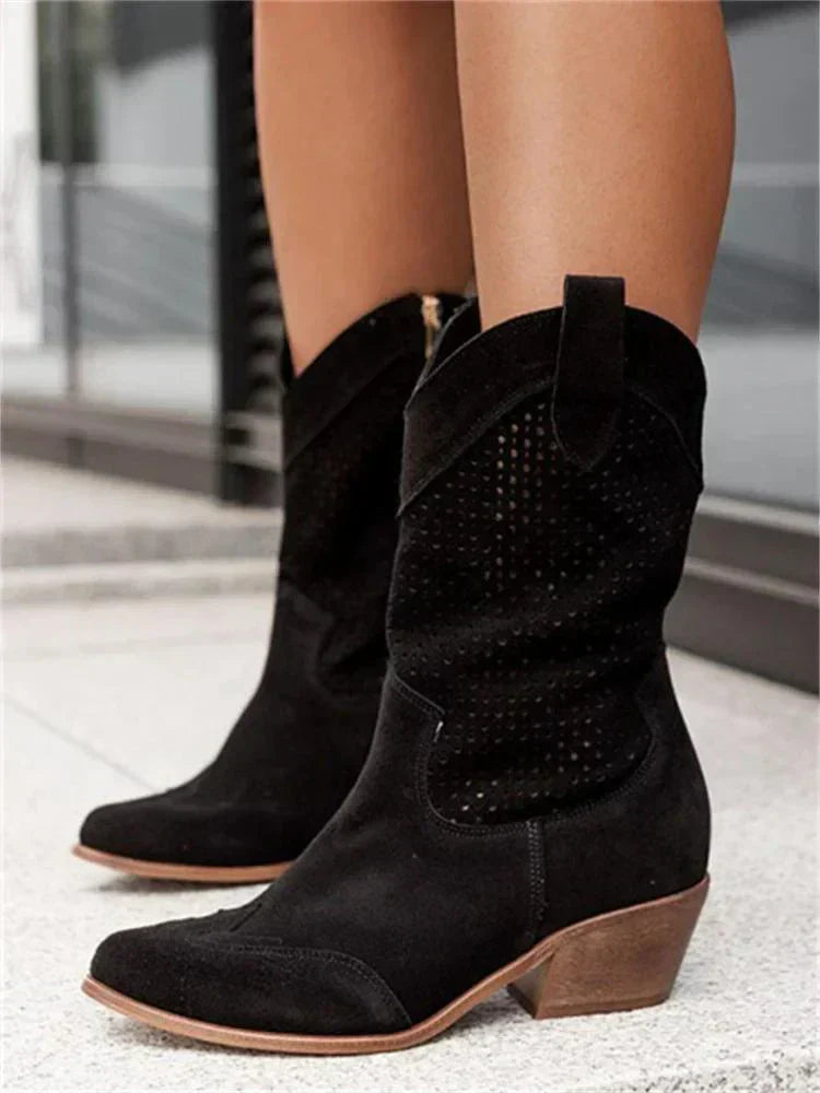 Bottines femme en cuir style santiags à motif ajouré et zip latéral 2
