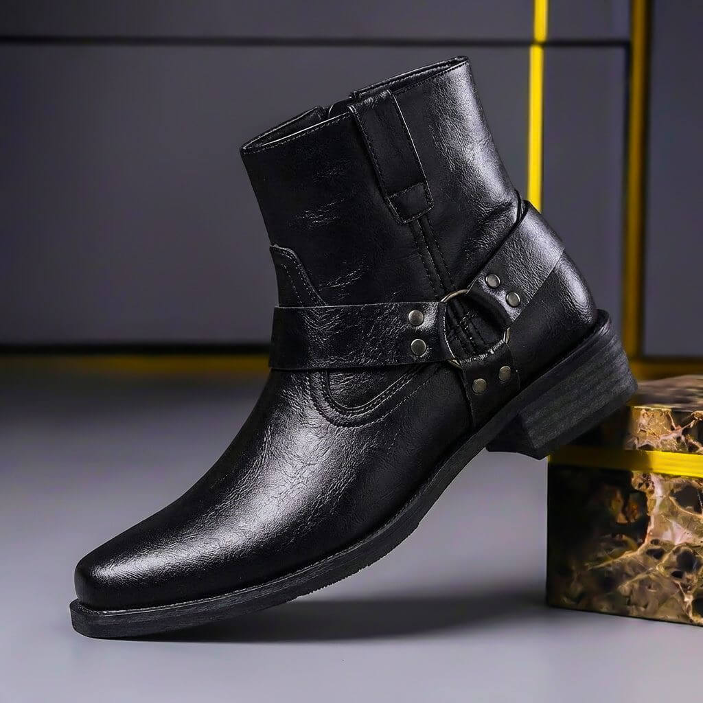 Bottines harnais homme en cuir à zip latéral bout carré 2