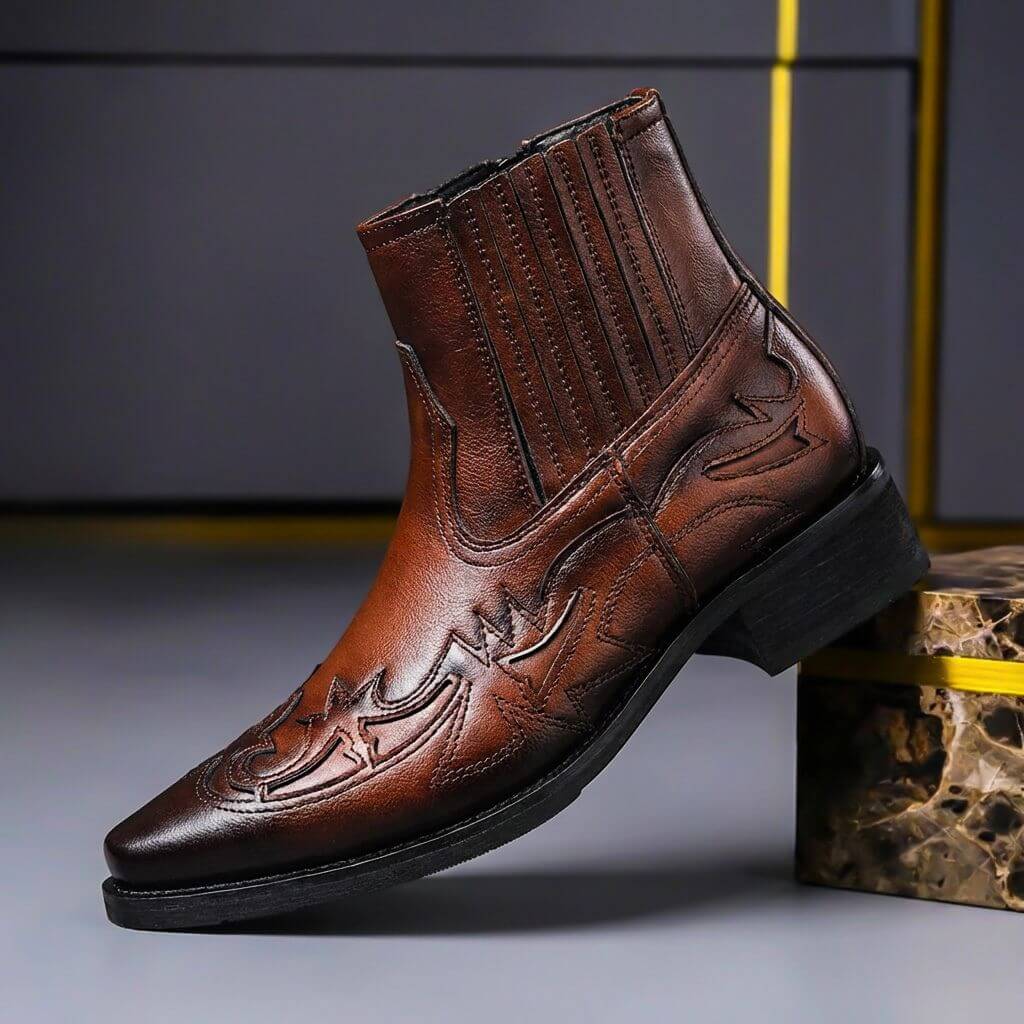 Bottines western homme en cuir à élastiques latéraux bout pointu 1