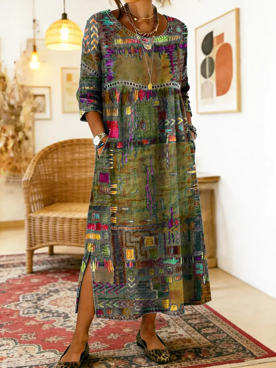 Robe bohème en denim fluide à patchwork ethnique et dentelle