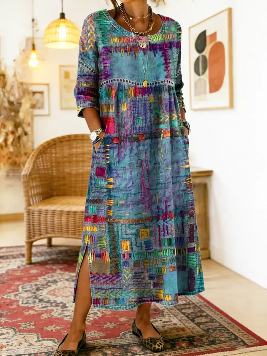Robe bohème en denim fluide à patchwork ethnique et dentelle