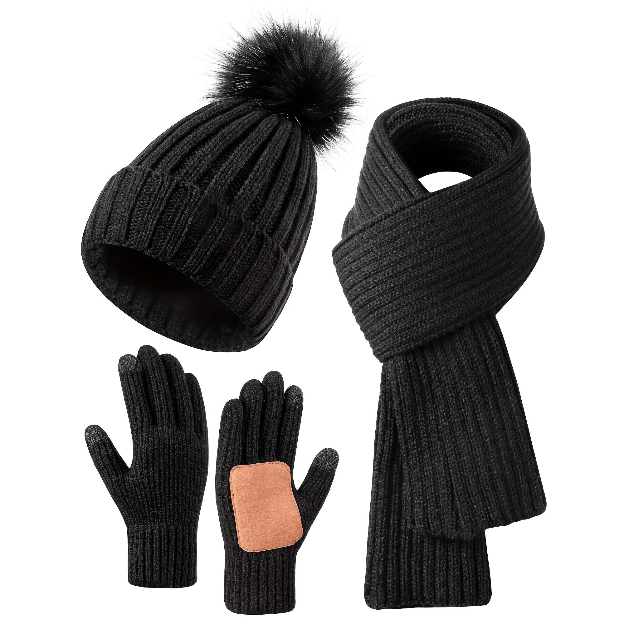 Léa – Ensemble d’hiver en maille 3 en 1 avec bonnet à pompon écharpe et gants tactiles femme