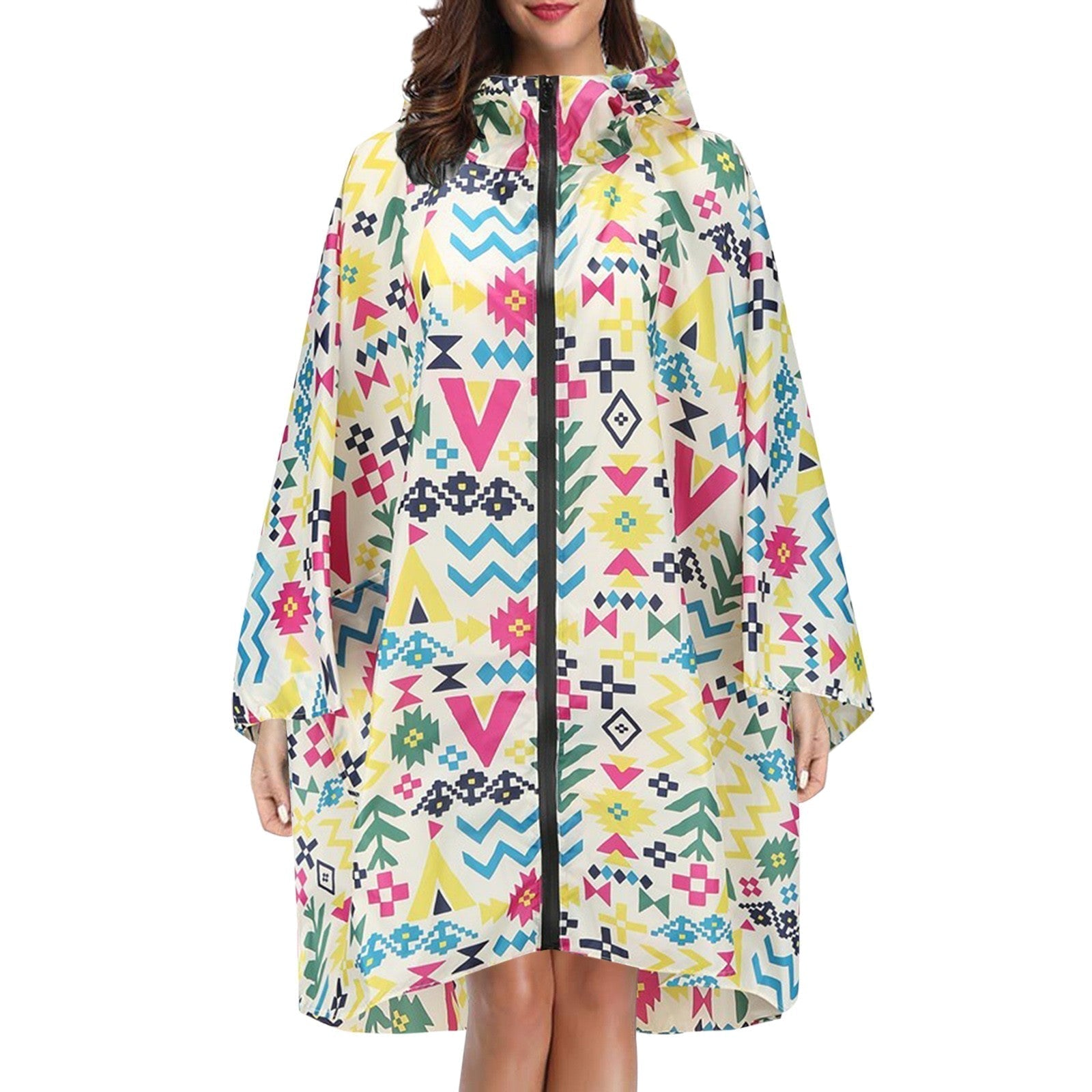 Cape de pluie femme imperméable à capuche avec fermeture éclair et imprimé 7
