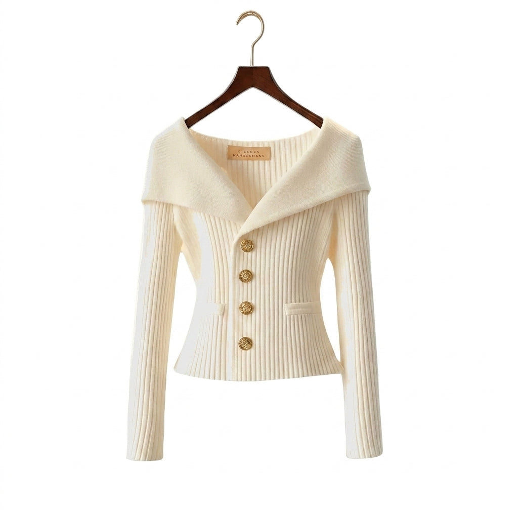Cardigan côtelé femme à épaules dénudées et boutons dorés 1